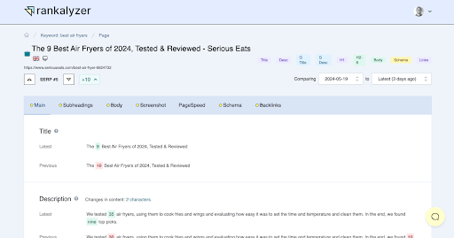 Rankalyzer’s website changes dashboard with different tabs for the specific changes