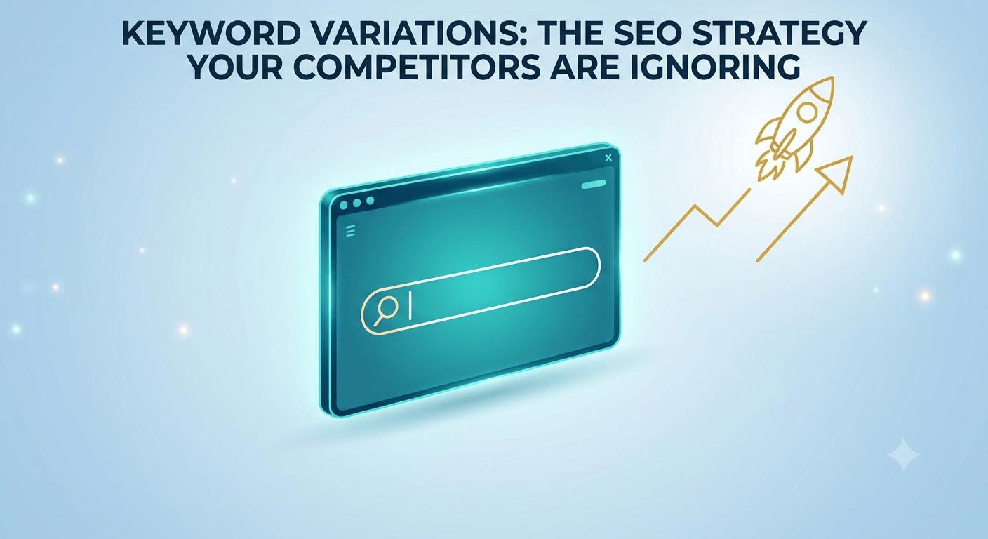 An informative isometric infographic titled 'KEYWORD VARIATIONS: THE SEO STRATEGY YOUR COMPETITORS ARE IGNORING'. It features a teal digital browser window with a glowing search bar, and a gold line-art rocket launching from an upward-trending arrow, symbolizing accelerated search rankings. The background is a soft blue gradient with glowing dots.