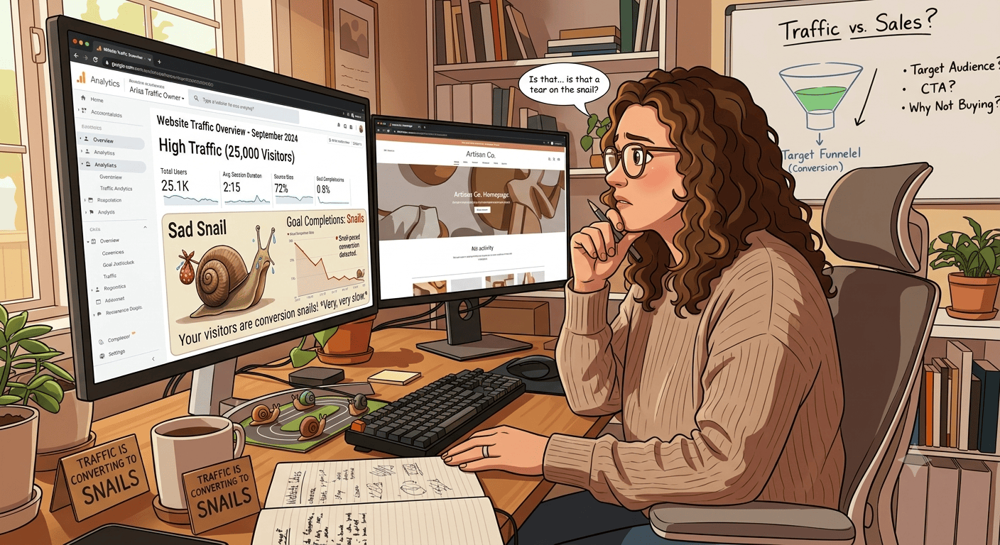 Vibrant cartoon illustration of a confused marketer sitting at her desk, looking at an analytics dashboard showing huge traffic numbers alongside a sad, teary-eyed snail and a chart showing zero conversions.