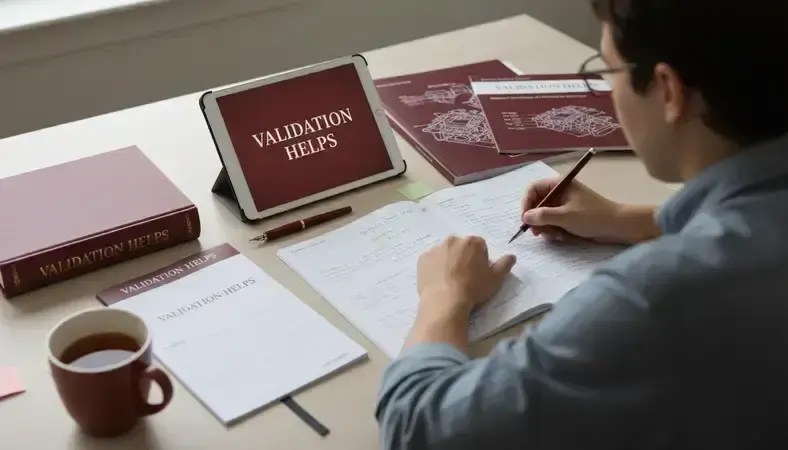 Student studying automotive technical manuals with highlighted notes and practice tests