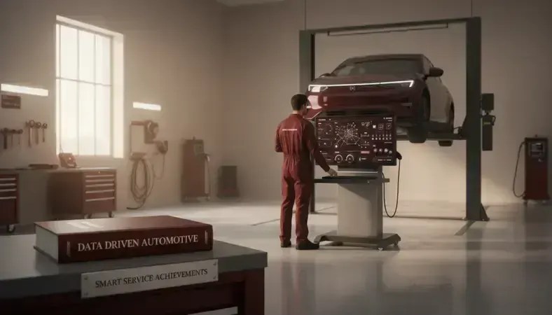 Professional automotive service bay with modern diagnostic equipment and certified technician at work