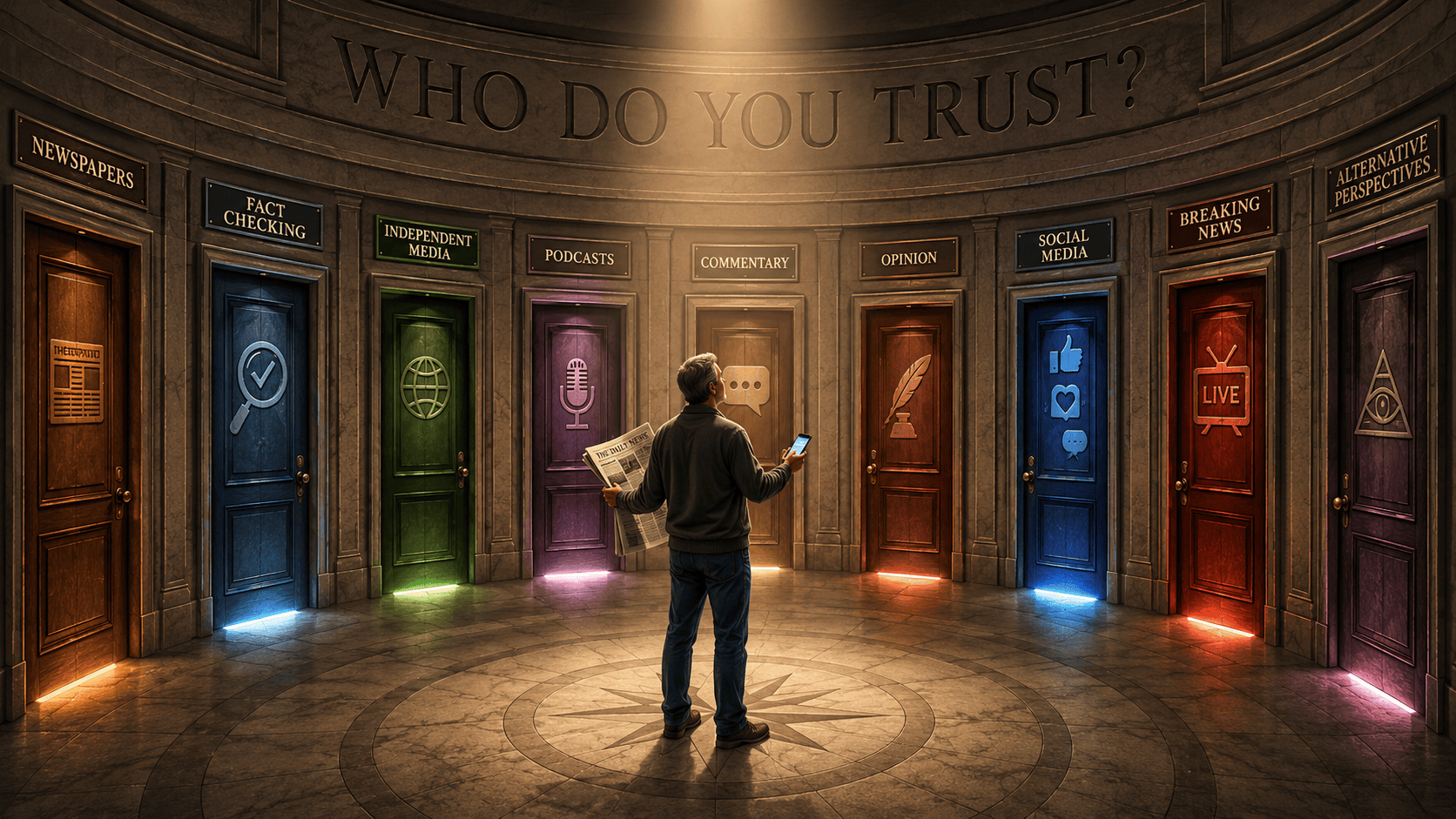 A thoughtful man stands in the center of a circular room surrounded by doors representing different sources of information, including news, social media, commentary, podcasts, and fact-checking. Unsure which path to choose, he holds a newspaper and a smartphone while light spills from beneath each door.