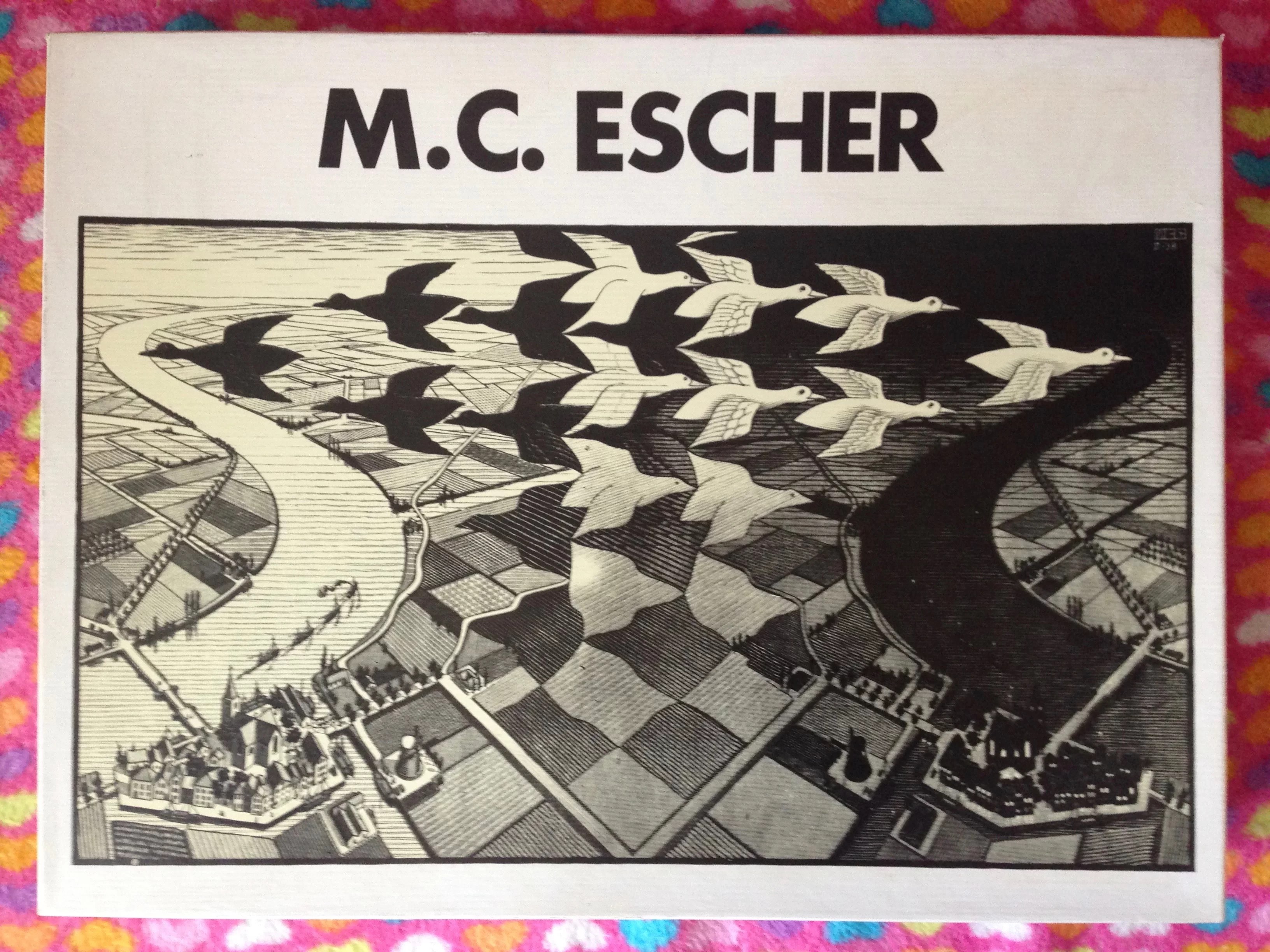 Escher day and night, 1938 not on view medium woodcut in black and gray, printed from two blocks dimensions image: 1500, Selegiochi, Day and Night, Maurits Cornelis Escher Rare Puzzles