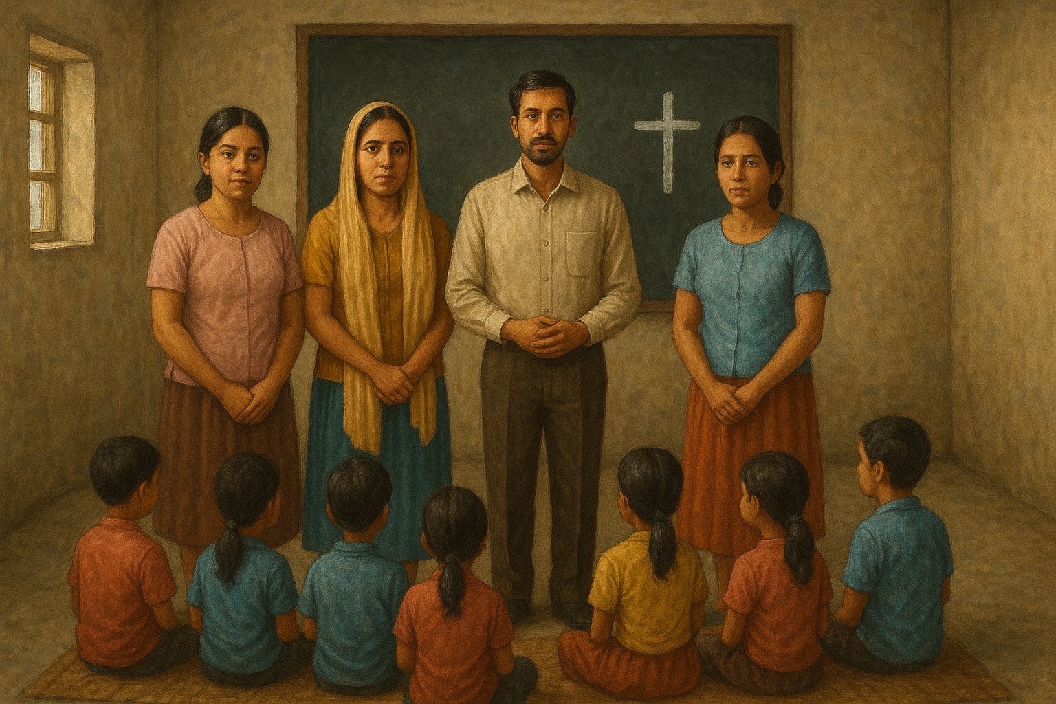 Illustration of four adults standing before seated children in a room with a cross on the wall.