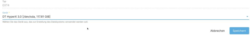 Auswahl des Geräts zum Erzeugen des Dateisystems