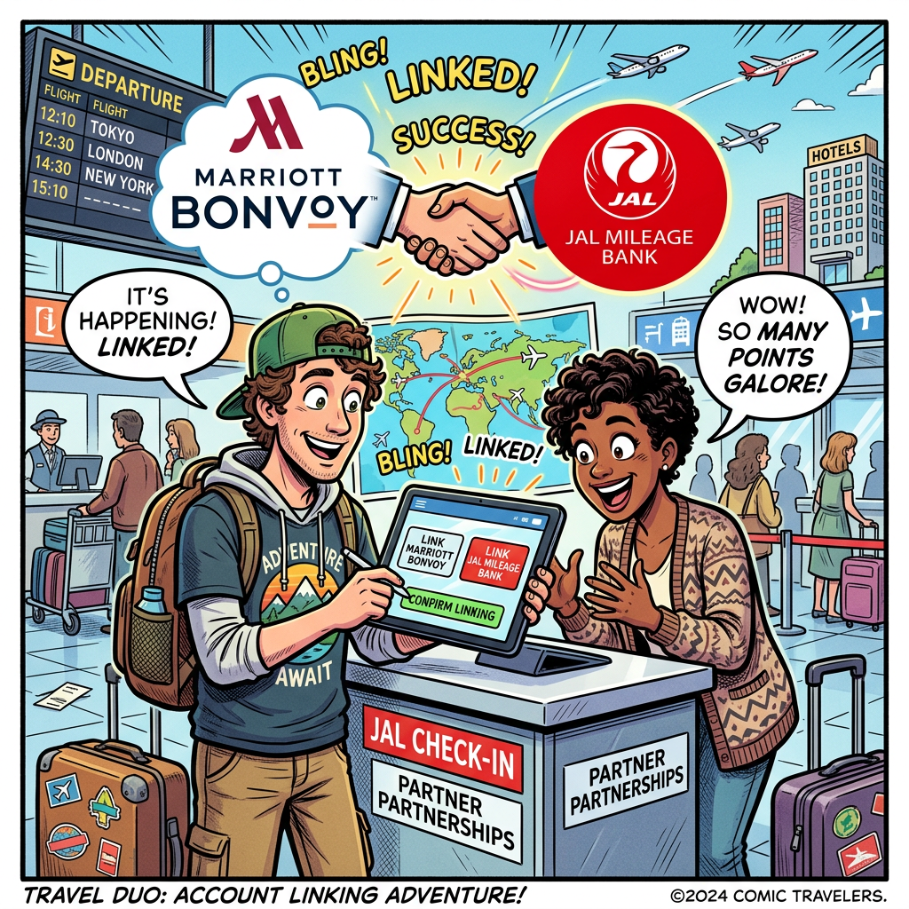 Two travelers linking Marriott Bonvoy and JAL Mileage Bank accounts at airport check-in
