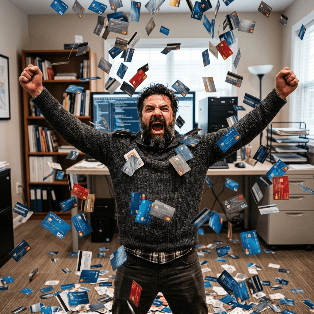 Bearded man celebrating with raised arms as playing cards fly in a casino