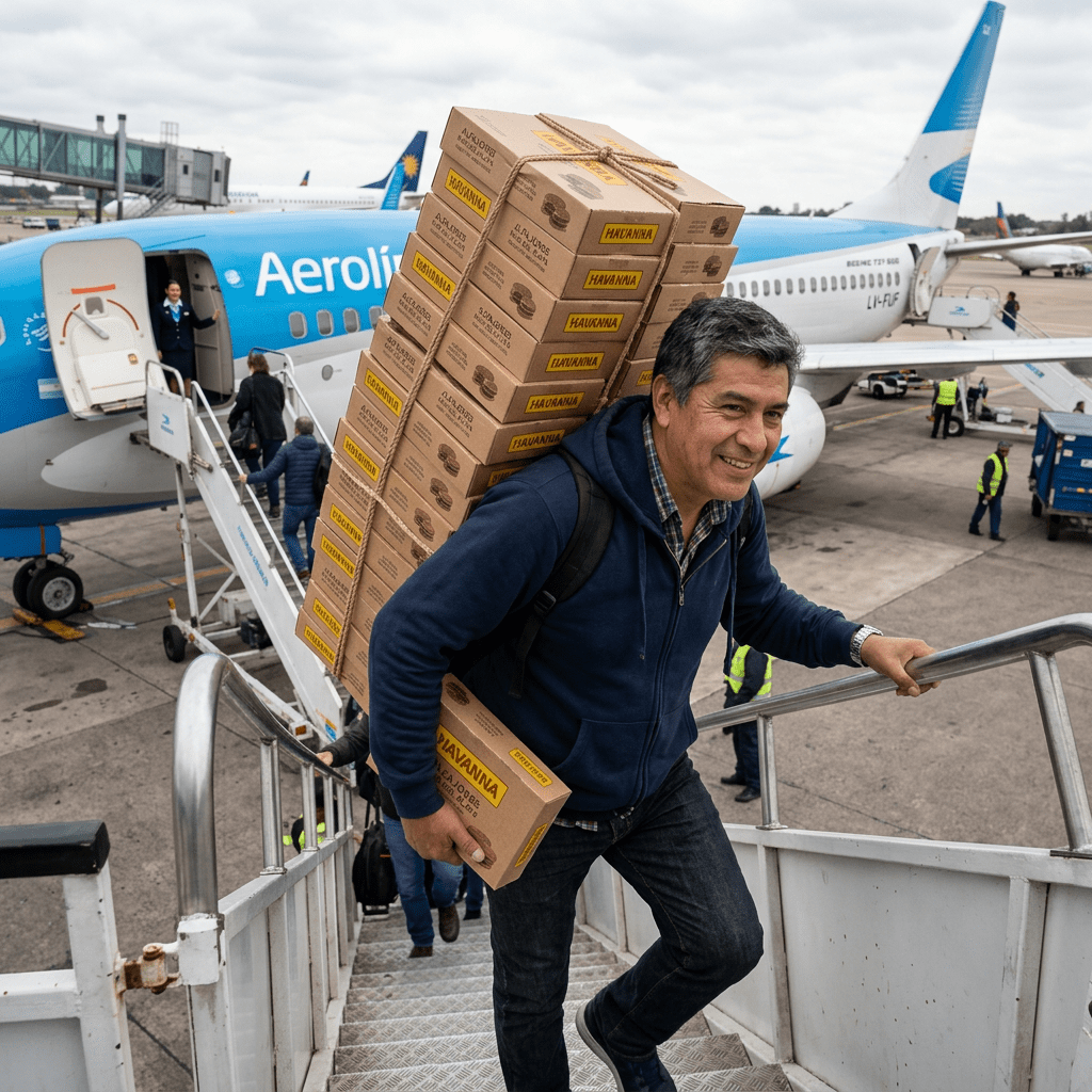 Volunteer carrying Havanian aid boxes up stairs beside an Aerolíneas aircraft