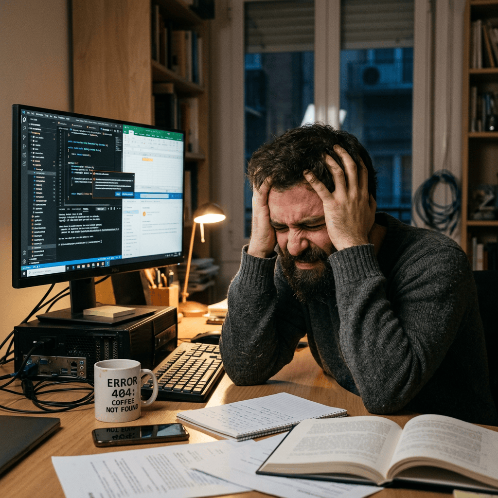 Programmer holding his head beside computer displaying code and errors
