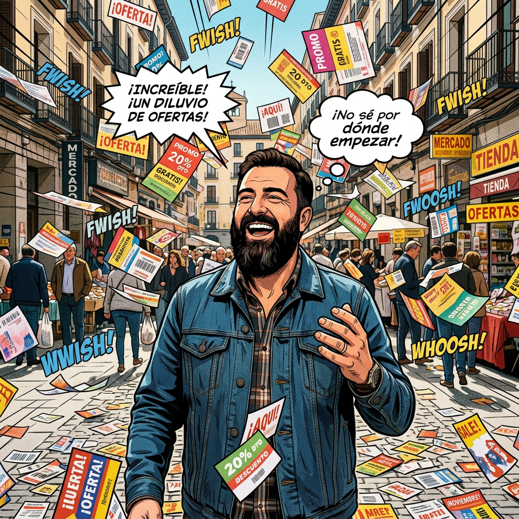 Laughing man walking among flying discount flyers on a busy shopping street