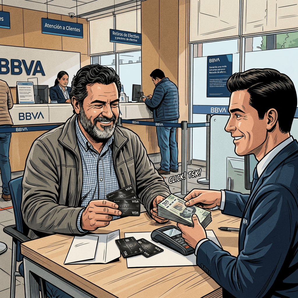 BBVA employee counts cash with a customer at a bank service desk