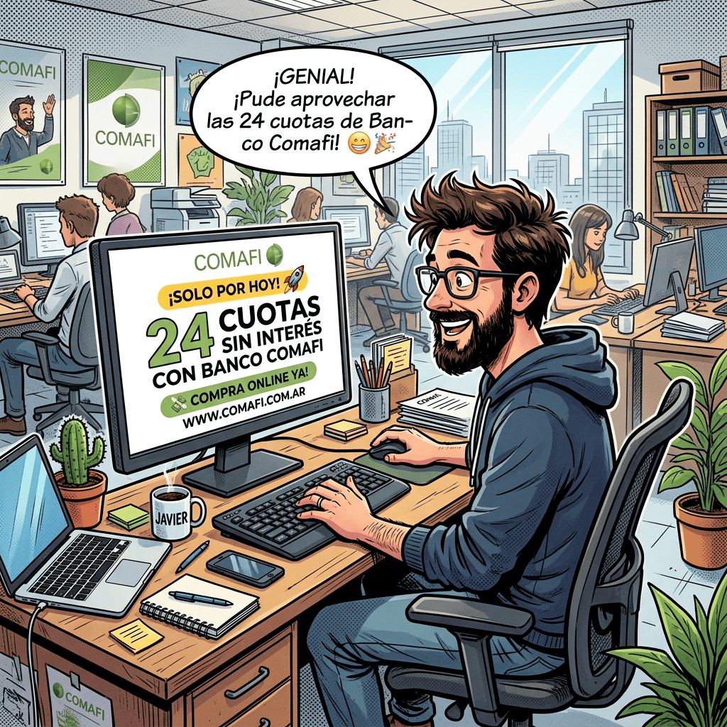 Ilustración de una oficina con un hombre frente a un monitor que dice «COMAFI», «¡SOLO POR HOY!», «24 CUOTAS SIN INTERÉS CON BANCO COMAFI», «COMPRA ONLINE YA!» y «WWW.COMAFI.COM.AR»; el globo de diálogo dice «¡GENIAL! ¡Pude aprovechar las 24 cuotas de Banco Comafi! 😁🎉»; también se leen «COMAFI» en carteles y «JAVIER» en una taza.