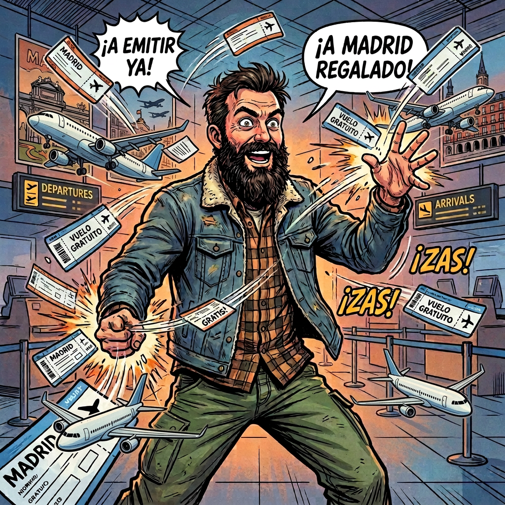 Bearded traveler celebrates amid Madrid tickets and Spanish text: “¡TOMA YA!”, “¡A MADRID GRATIS!”, “¡ZAS!”, “¡REGALO!”
