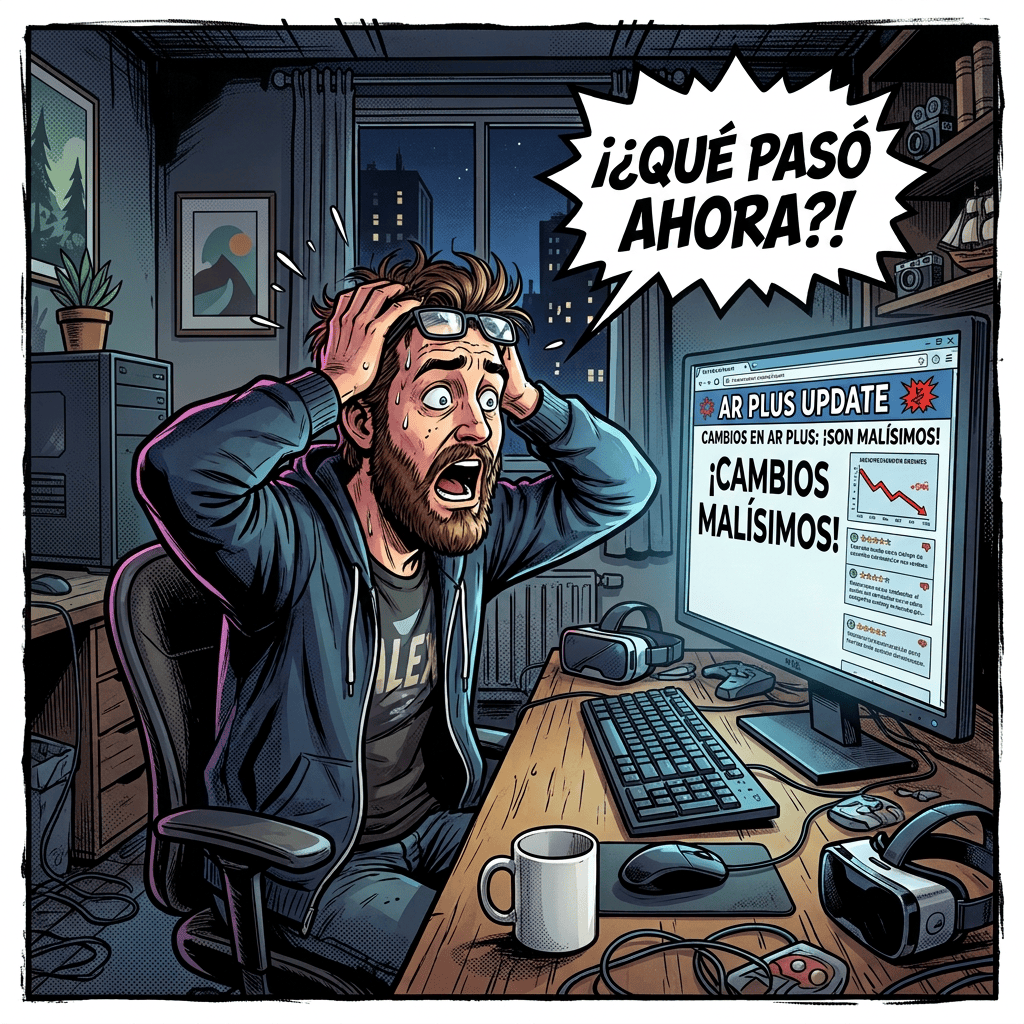 Jugador horrorizado ante monitor con texto “AR PLUS UPDATE” y “¡JUEGO ARRUINADO!”
