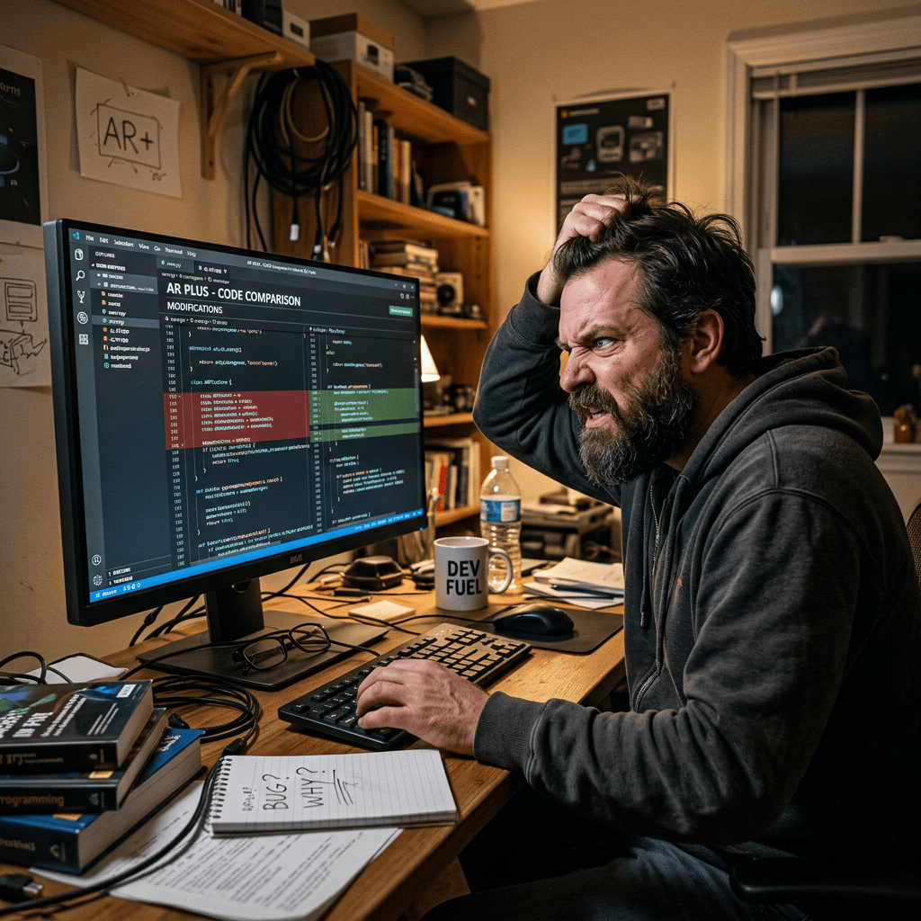 Frustrated developer reviewing code comparison on a computer monitor
