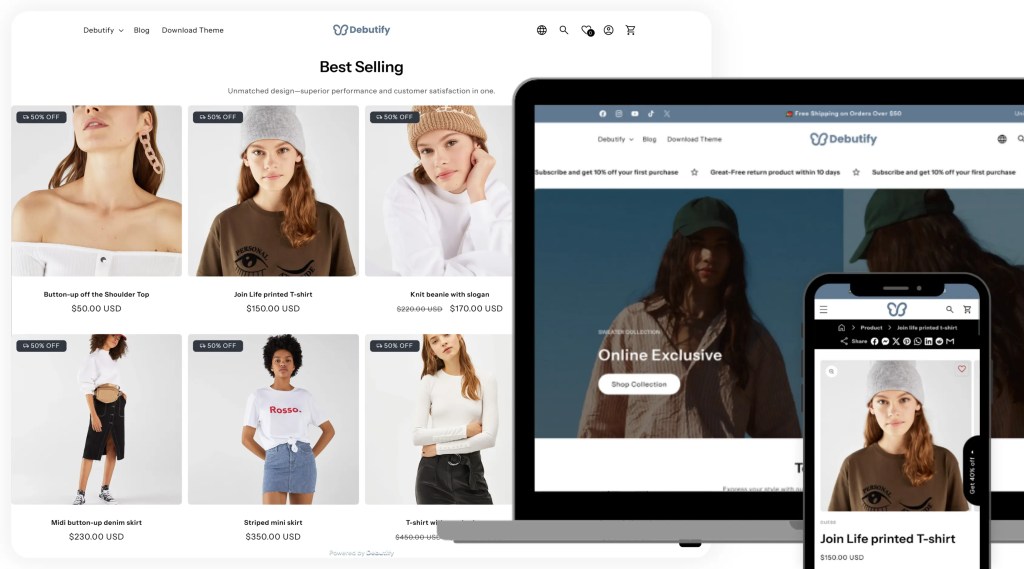 Debutify Theme Vorschau – responsive Darstellung auf Desktop, Tablet und Smartphone