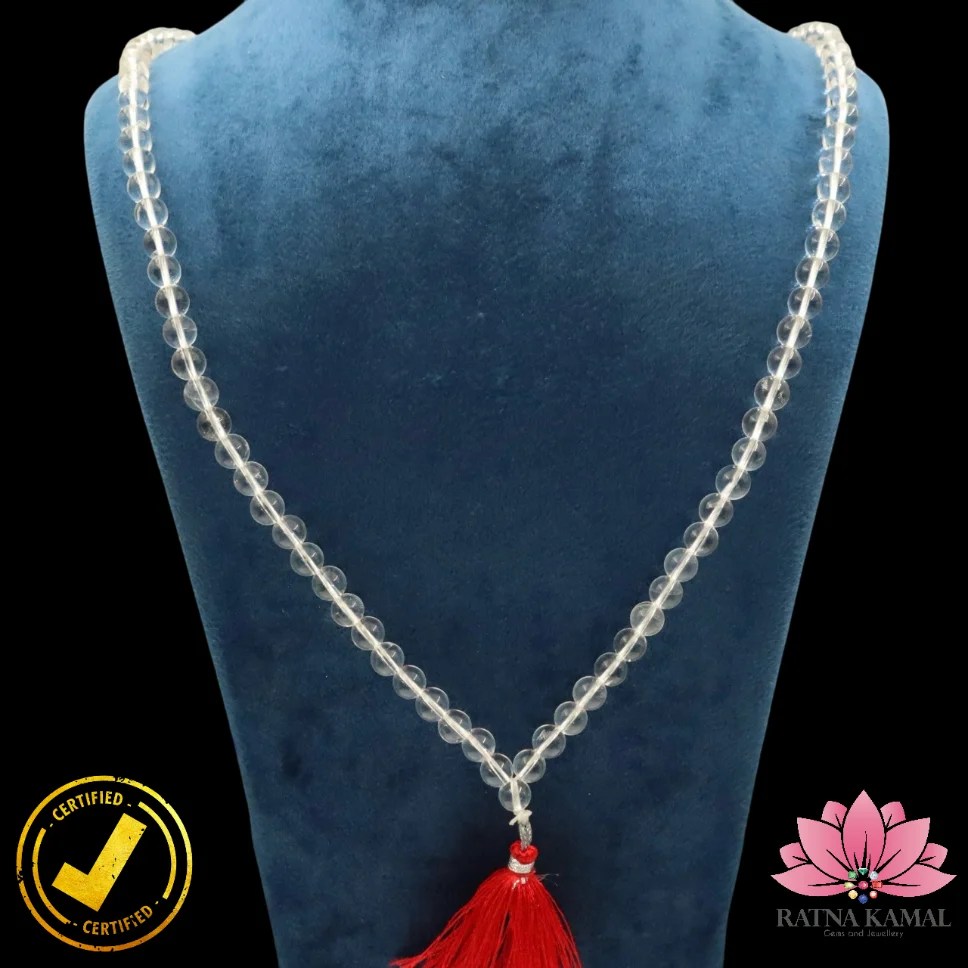 Certified Natural Clear Quartz Beads (Sphatik) नेचुरल स्फटिक माला 7mm 108+1 AAA