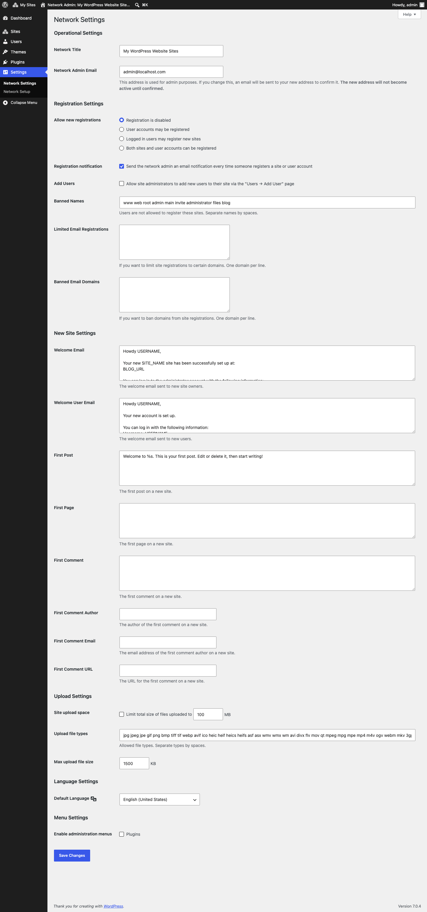 The Network Settings screen, showing the Operational, Registration, New Site, Upload, Language, and Menu settings sections