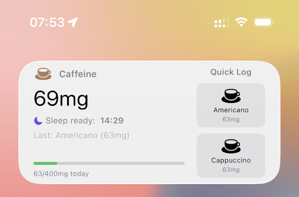 Mindful Coffee iOS Widget showing caffeine level, daily intake, and Quick Log buttons on iPhone Home Screen