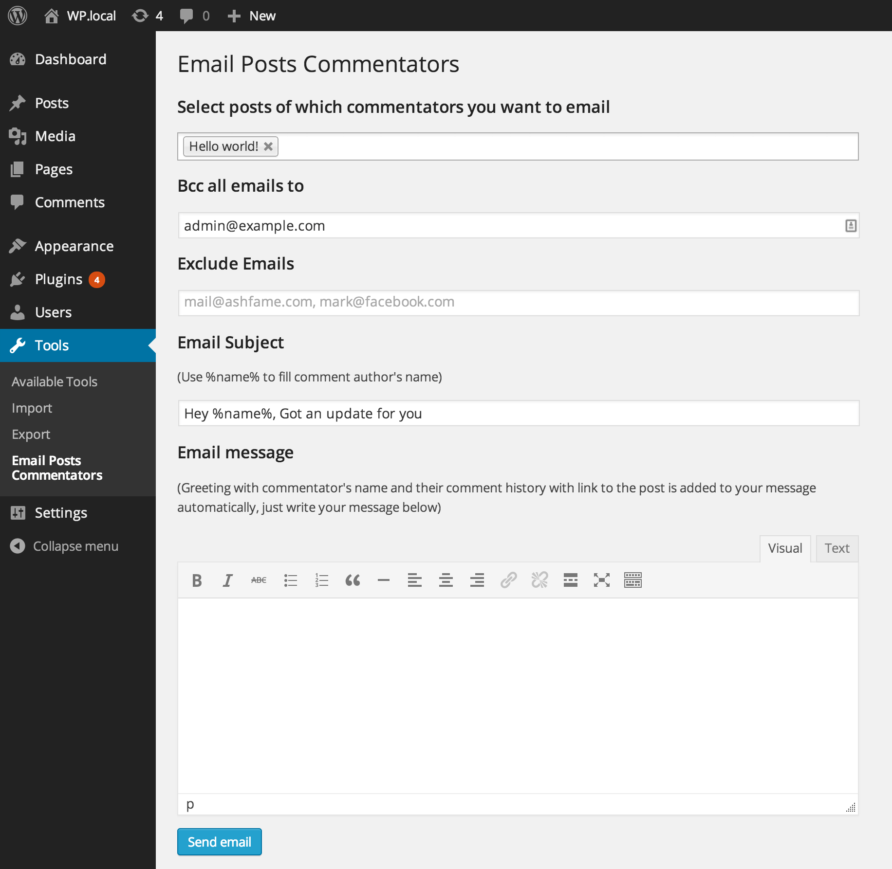Admin screen