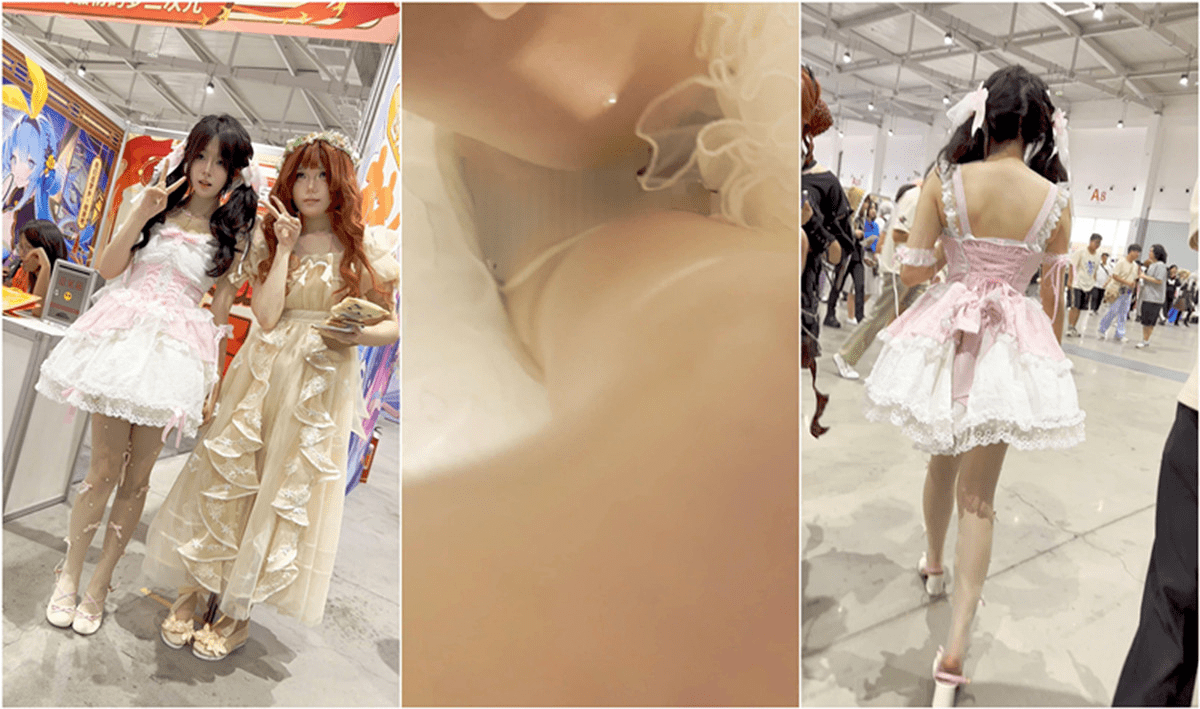 【KFC】洛丽塔萌妹逛累了❤️坐地上男友守护也露透明丝袜黑内