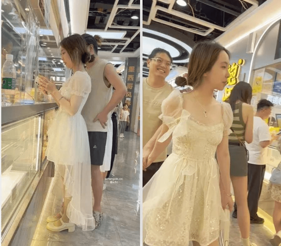 【KFC】商场尾随偷拍❤️婚纱裙靓女和猥琐男友·裙子遮住屁股放心穿了骚窄内