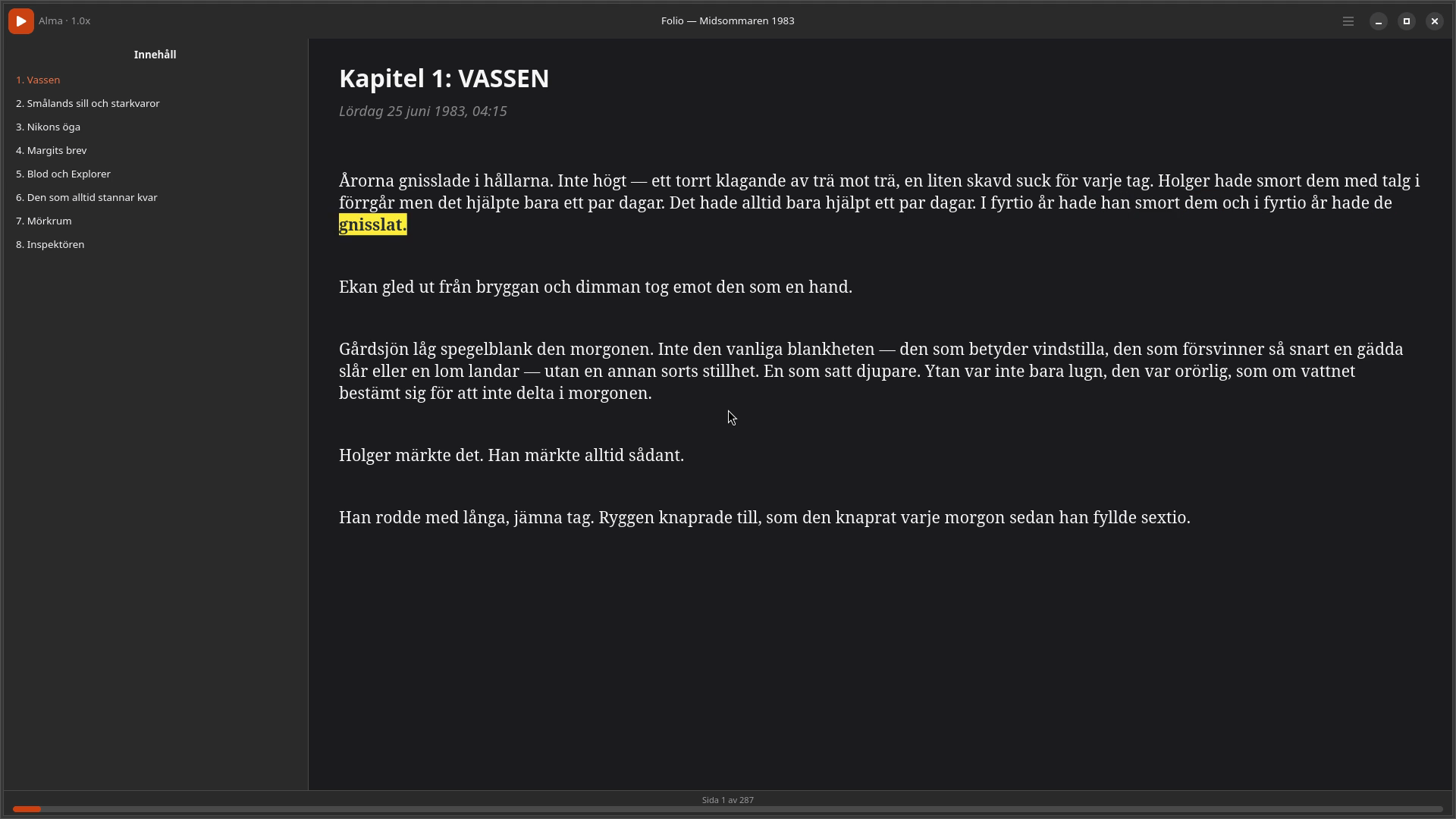Folio reading Midsommaren 1983 with word highlighting