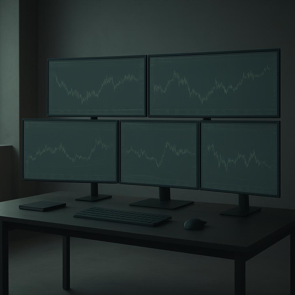 Desktop computer screen, dark room, monitors showing to charts.