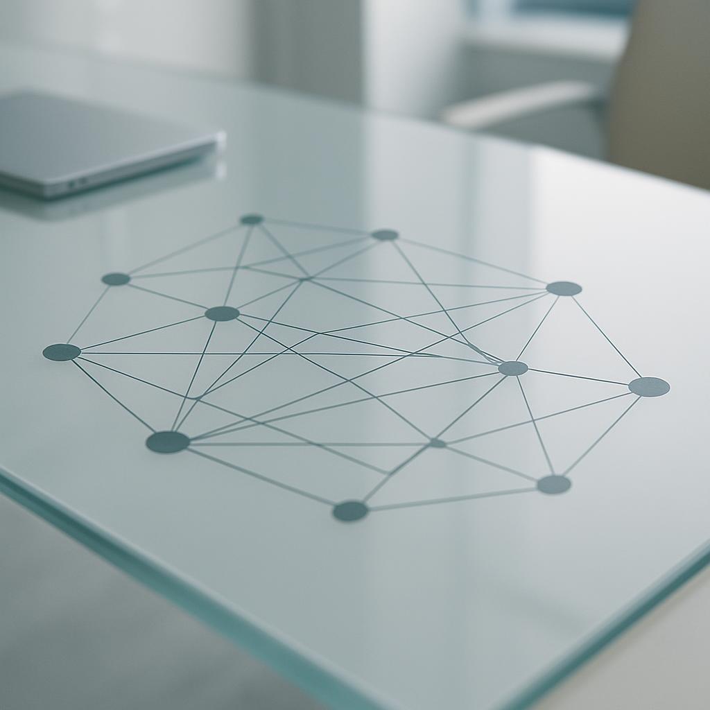 A network of interconnected nodes on a desk, near a laptop symbolizing modern technology and connectivity.