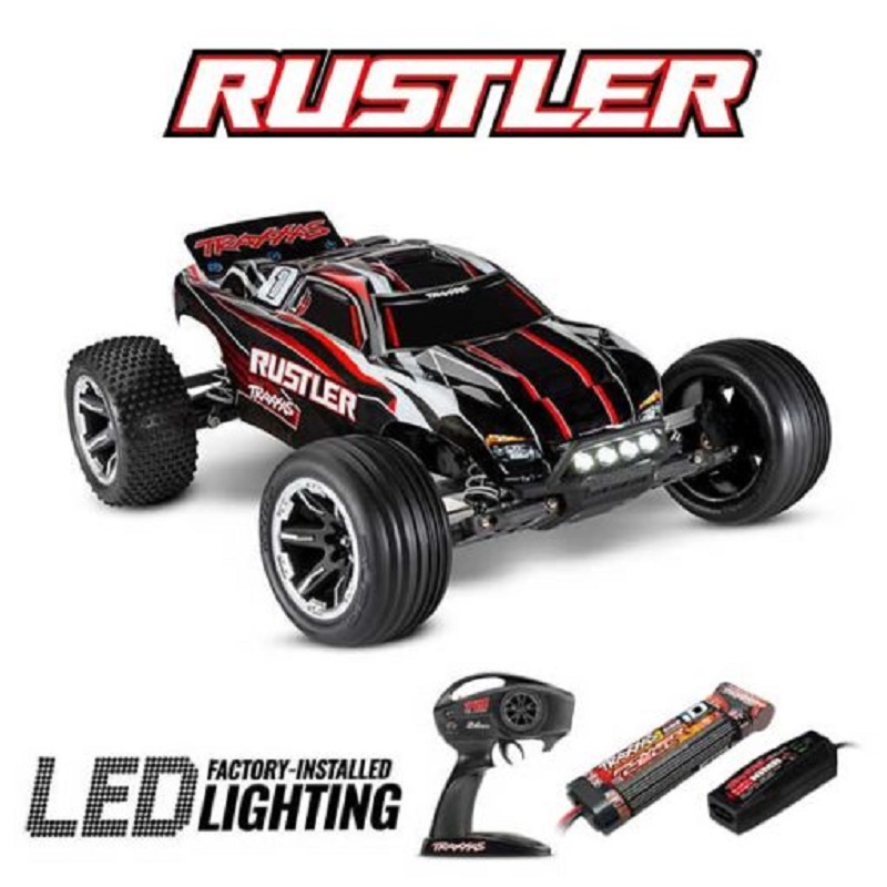 Traxxas rustler 4x2 brushed + rouge/noir avec led + accus / chargeur