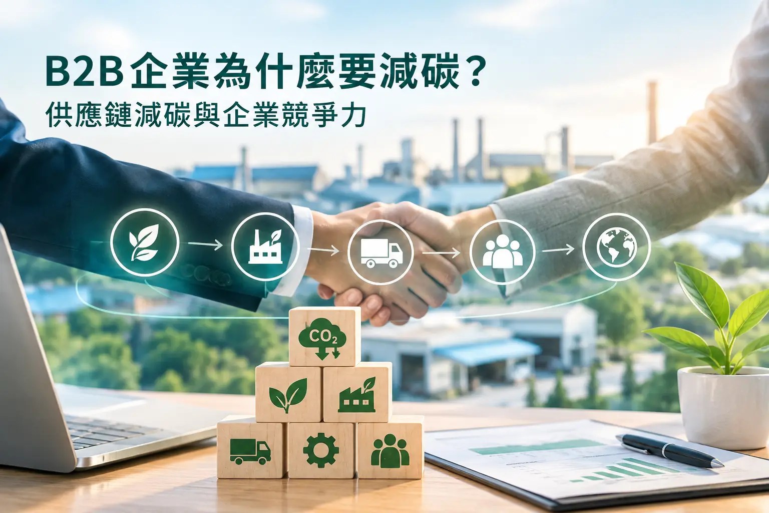 B2B企業減碳與供應鏈減碳示意，呈現原物料、生產製造、運輸物流與產品價值鏈的減碳關係