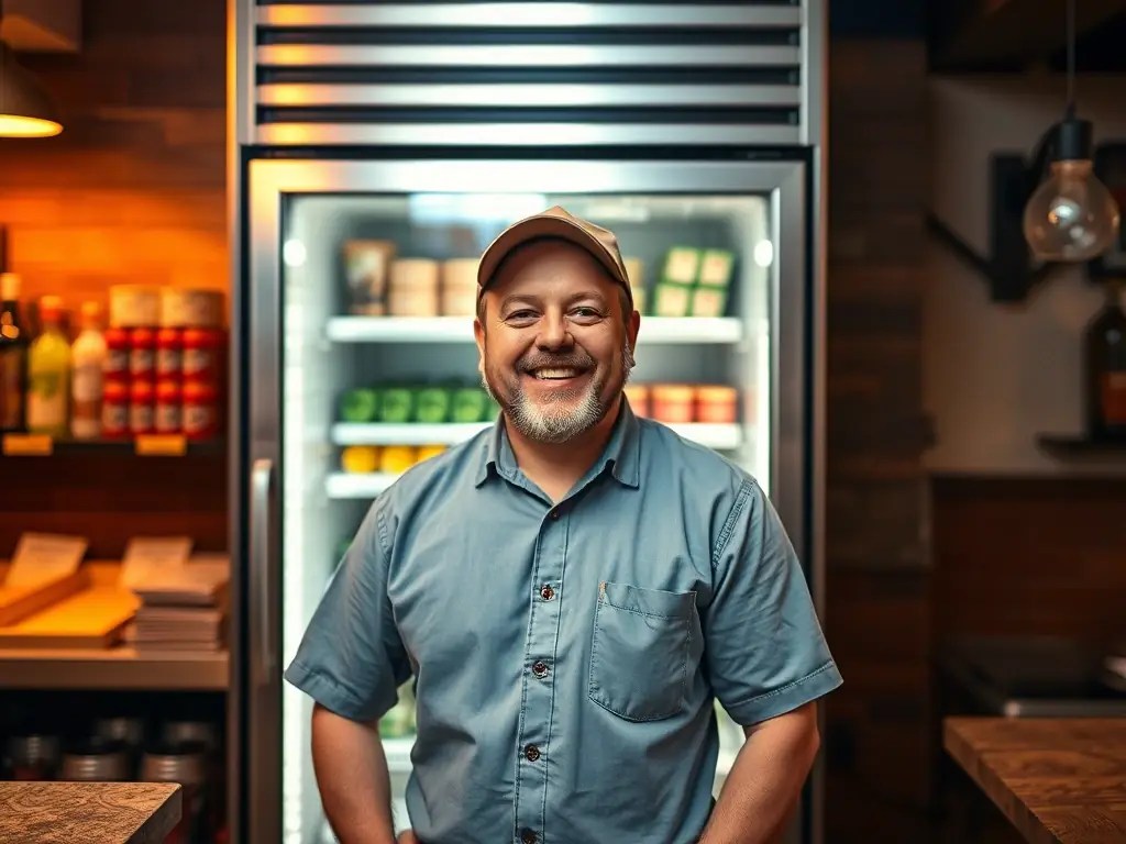 A restaurant owner smiling confidently in front of their walk-in cooler, highlighting the positive impact of RD Fresh NW's solutions on their business.