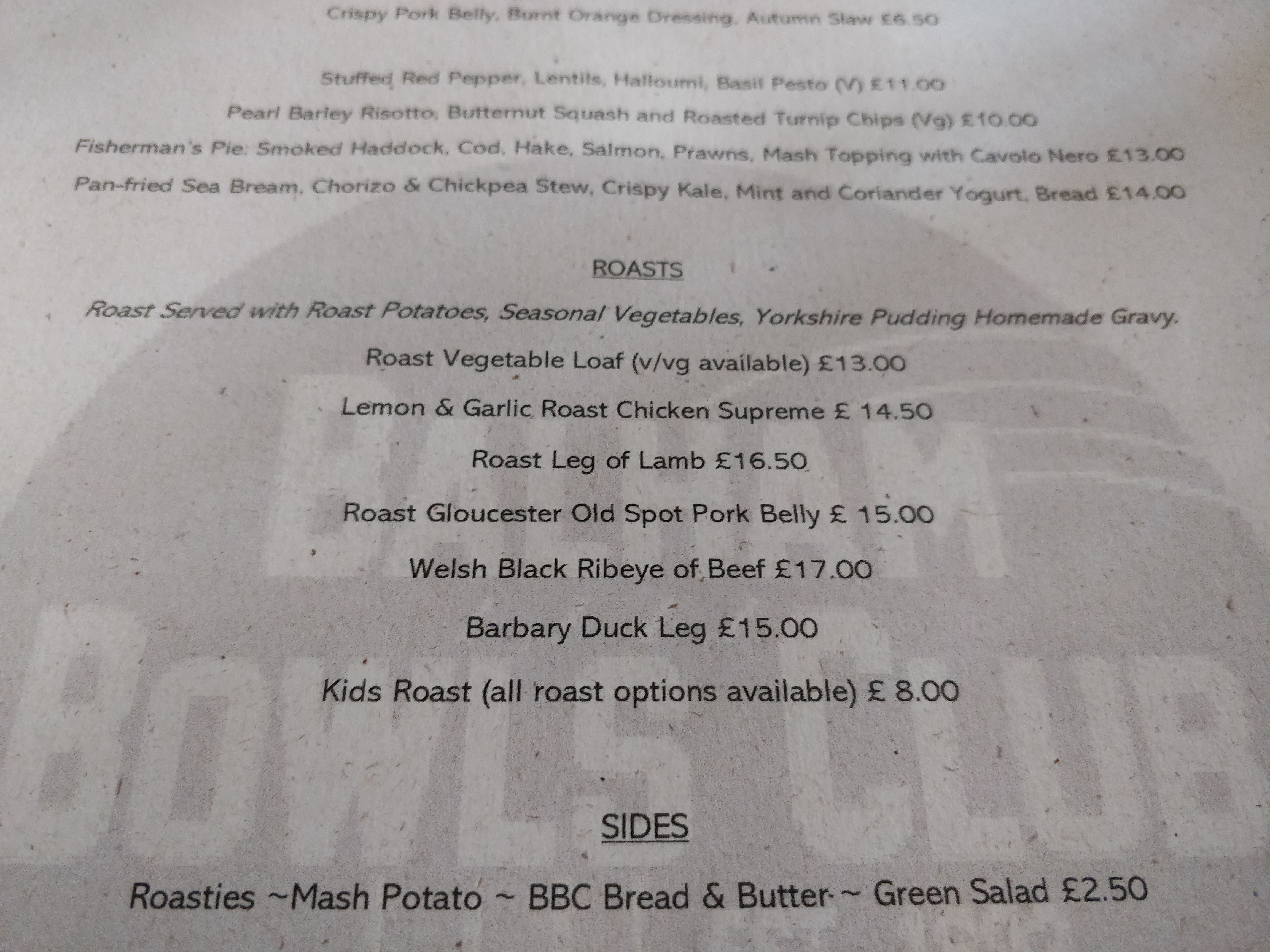 Roast Dinner Menu at Balham Bowls Club