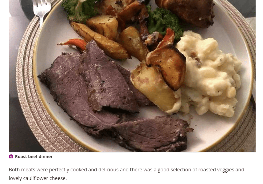 Photo of dreadful roast dinner from Birmingham Live review with dead, appalling looking meat that was described as "perfectly cooked"