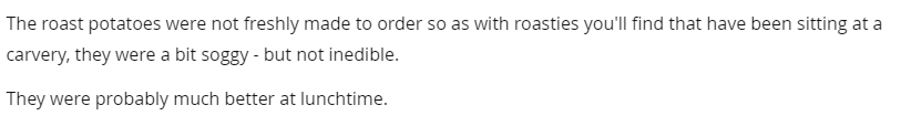 Boring quote about roast potatoes from roast dinner review in Birmingham Live