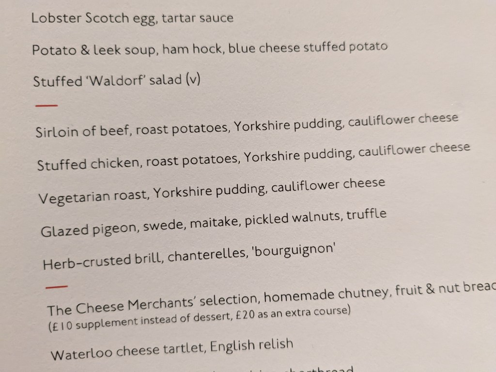 Sunday roast menu at The Grill At The Dorchester