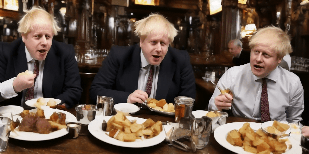 AI generated art of 3 Boris Johnson's eating a Sunday roast