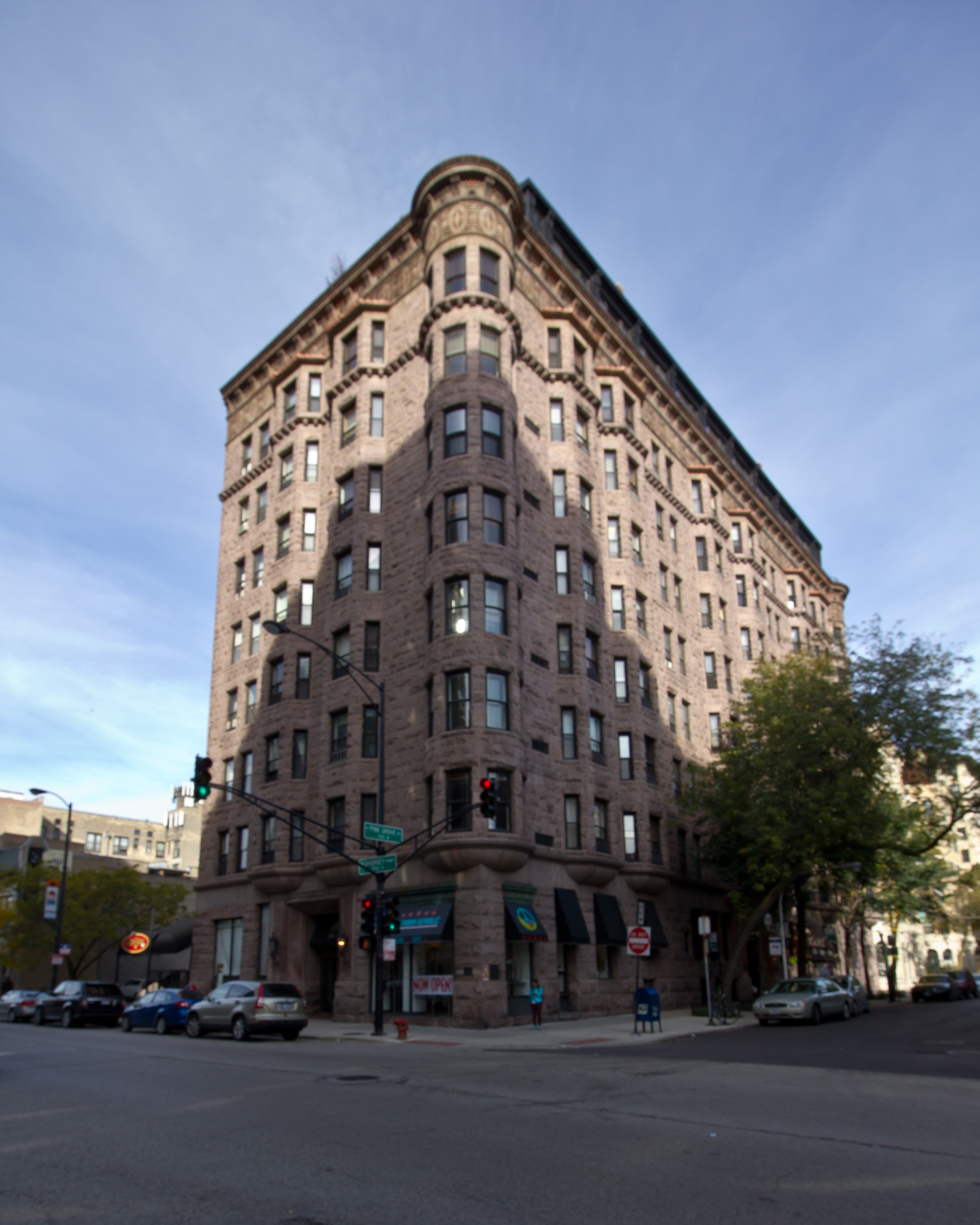 Built in 1893. Features a manually operated elevator and suspended glass block walkways in the atrium.
