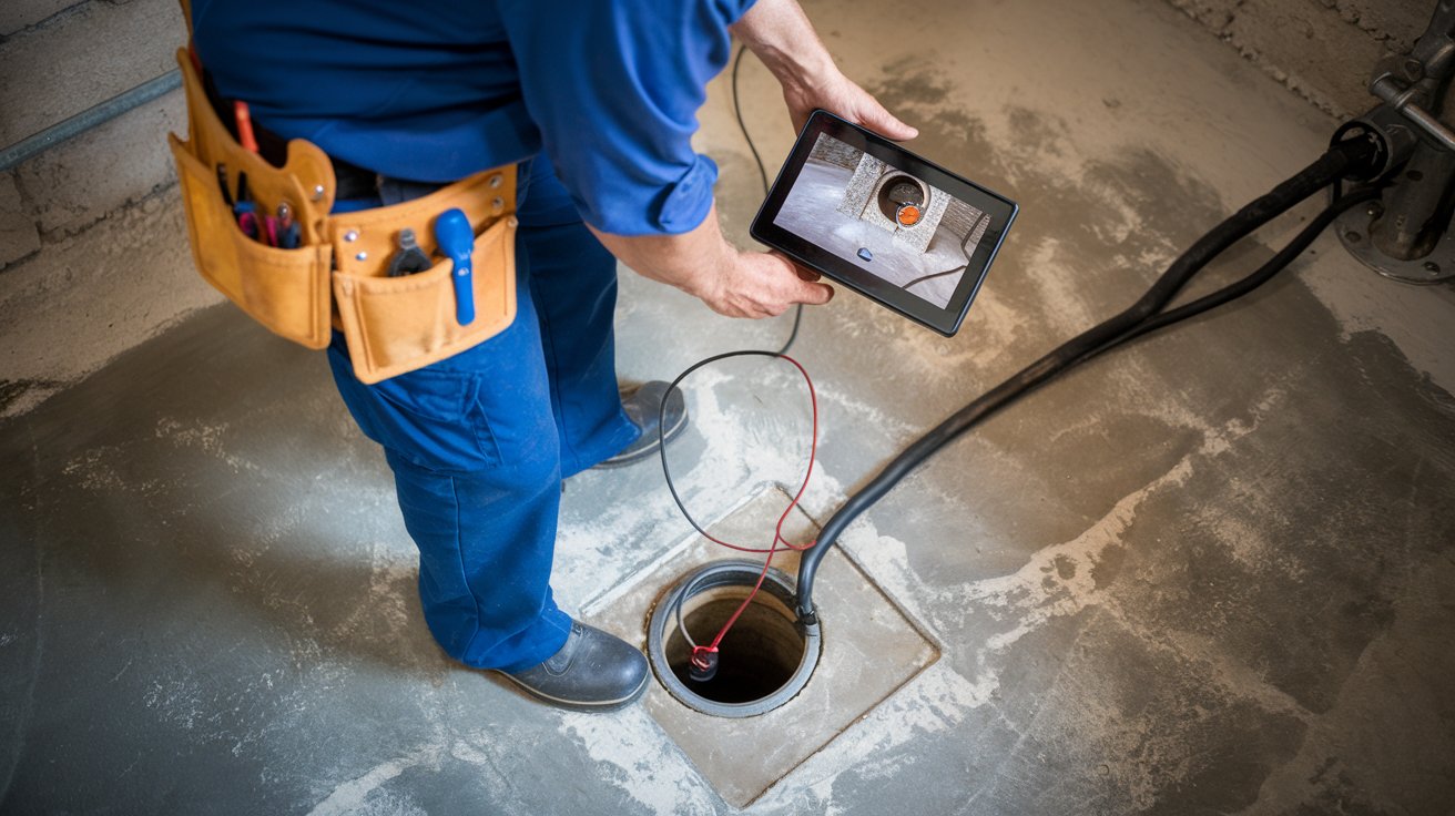 A photo of a plumber inspecting a drain with a wired inspection camera. The plumber is wearing a uniform and has a tool belt. He is standing in a basement with concrete floors. The drain is in the middle of the floor. The inspection camera is connected to a small monitor that the plumber is holding. The monitor is displaying the inside of the drain.