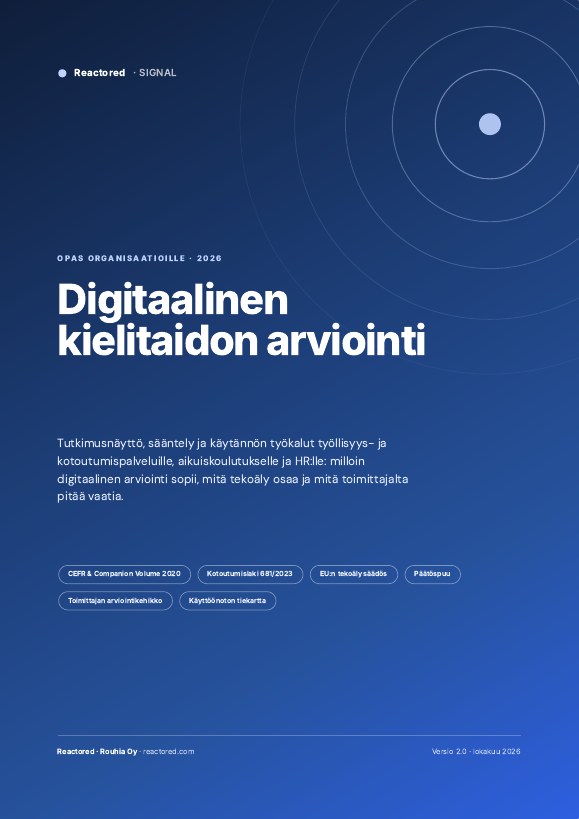 Oppaan kansi: Digitaalinen kielitaidon arviointi – opas organisaatioille