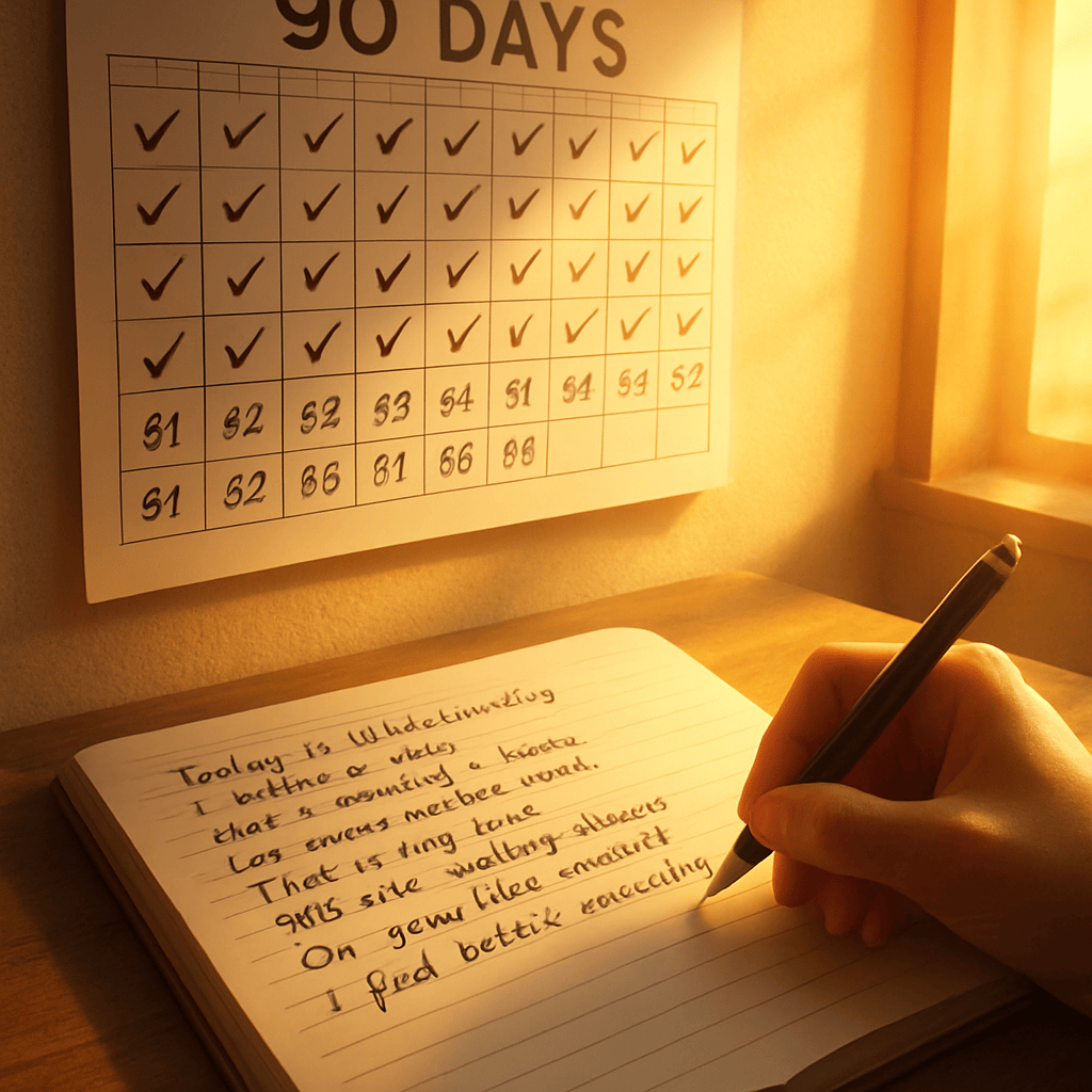 A motivational scene showing a wall calendar with 90 days marked off in checkmarks, a notebook filled with English sentences, and a person's hand writing the final entry, sunrise light streaming in, hopeful and warm atmosphere, cinematic composition