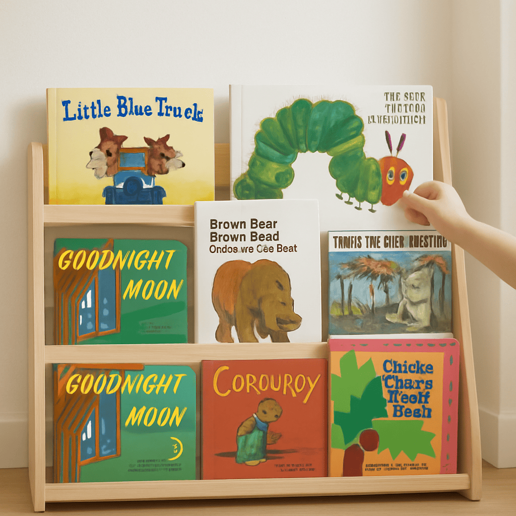 Front-facing low bookshelf at child height displaying English picture books with covers visible, a child's hand reaching for one book, bright airy room, minimal Scandinavian style interior, natural light