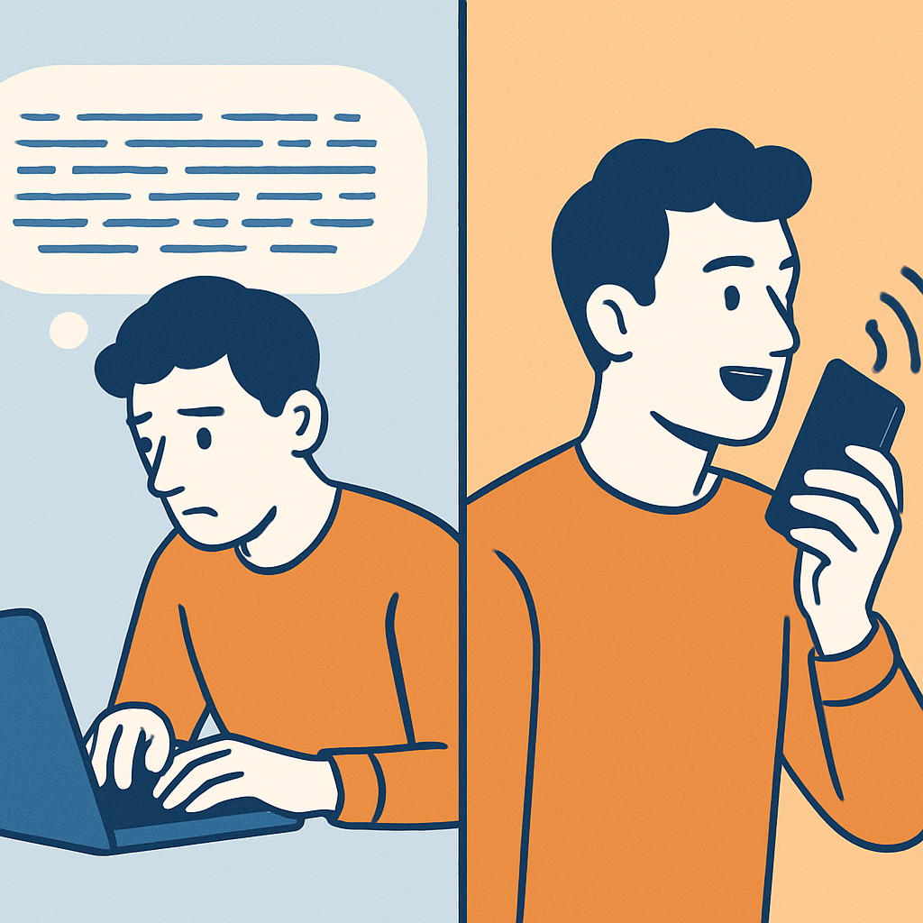 Split-screen comparison illustration, left side shows a person typing slowly on a laptop with a thought bubble full of text, right side shows the same person speaking confidently into a phone with sound waves, flat vector style, blue and orange color palette, clean minimal design