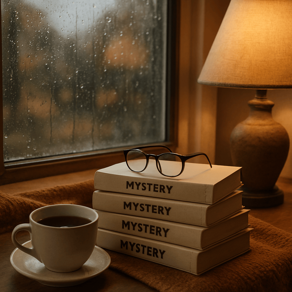 A cozy reading nook by a rainy window, stack of English paperback mystery novels with plain covers, a cup of black tea, reading glasses, warm lamp light, soft autumn tones, shallow depth of field, photorealistic