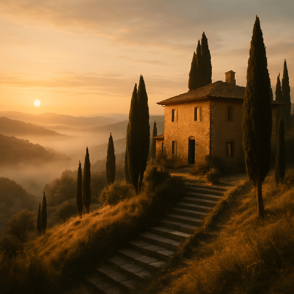 A sunlit Tuscan hillside villa at dawn with cypress trees, stone steps, misty valley below, cinematic wide shot, moody golden light, Italian countryside, high detail