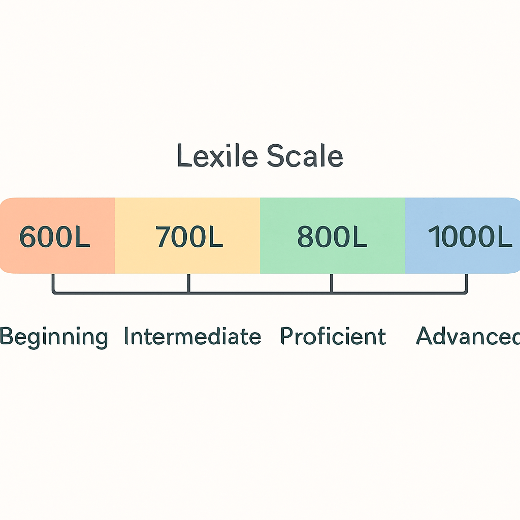 A clean infographic-style chart showing a horizontal Lexile scale from 600L to 1000L divided into four colored segments, minimalist flat design, soft pastel colors, English labels, white background