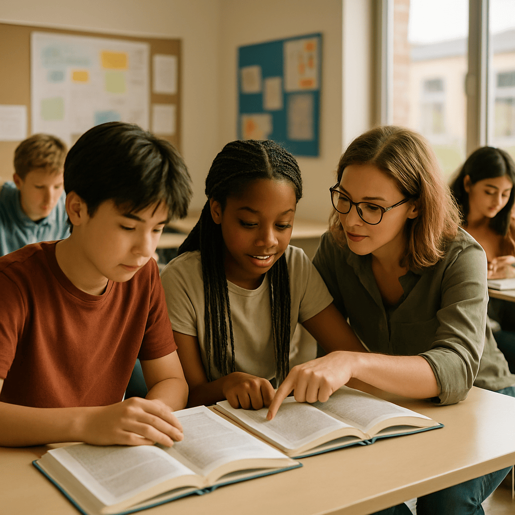 A bright modern middle school classroom where diverse 13-year-old students read dense nonfiction science textbooks at shared tables, a teacher kneeling beside one student pointing at a passage, warm natural window light, documentary photography style, shallow depth of field