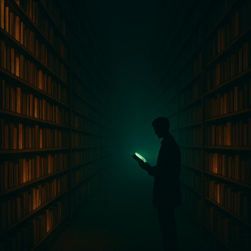 An infinite library with endless glowing bookshelves stretching into darkness, a single silhouette standing between the shelves holding a green book, soft teal and amber lighting, cinematic, dreamlike atmosphere, digital illustration
