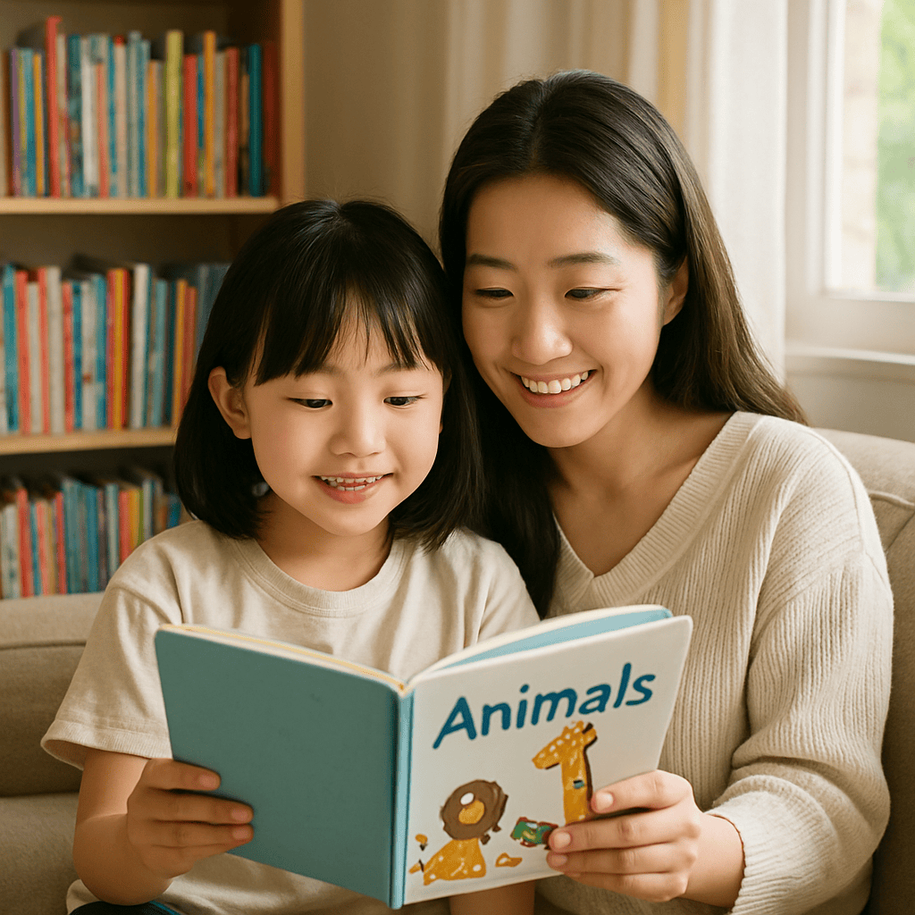 A warm, bright living room scene where a Korean mother and her elementary-school-aged child read an English picture book together on a sofa, bookshelf filled with colorful English books in the background, soft natural window light, documentary photography style