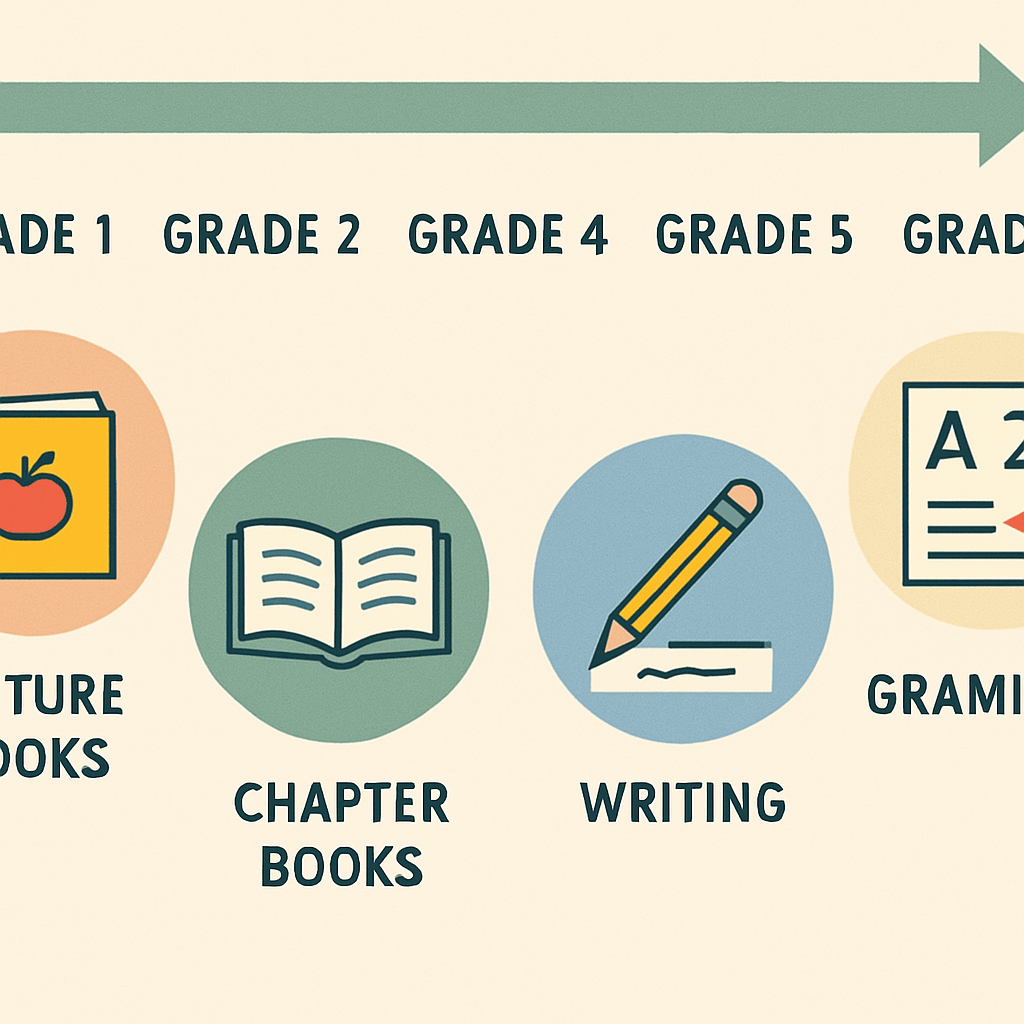 A simple infographic-style illustration showing a timeline from grade 1 to grade 6 with icons representing picture books, chapter books, writing, and grammar, clean flat design, Korean educational poster aesthetic, pastel colors